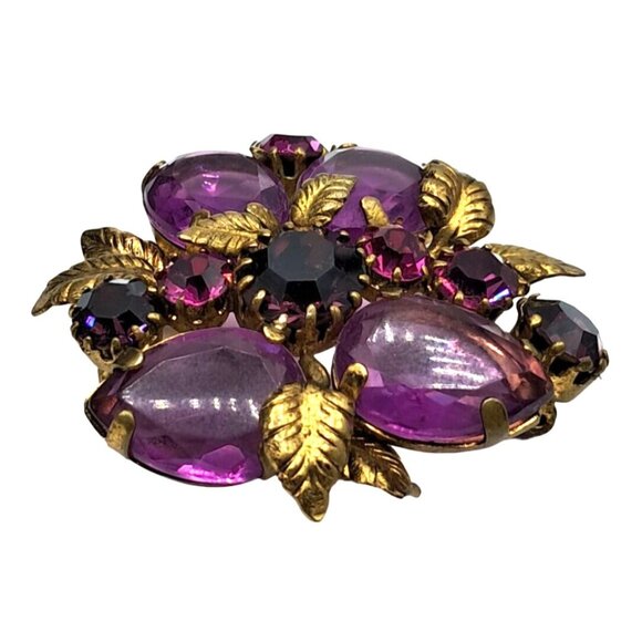 Austria Rhinestone Brooch Pink Purple Gold Tone Leaves Pin Vintage Costume Jewel - Picture 4 of 11